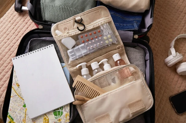 Open suitcase packed with clothing, toiletries, and travel essentials ready for a trip. Close-up.