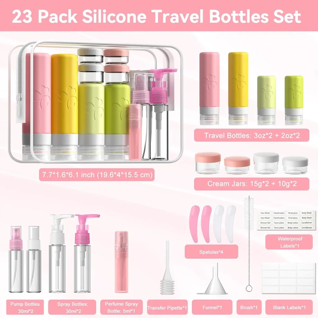 INSFIT 23 Pack Travel Bottles for Toiletries, TSA Approved Silicone Travel Size Toiletries with Toiletry Bag, BPA Free Leak Proof Refillable Travel Essentials