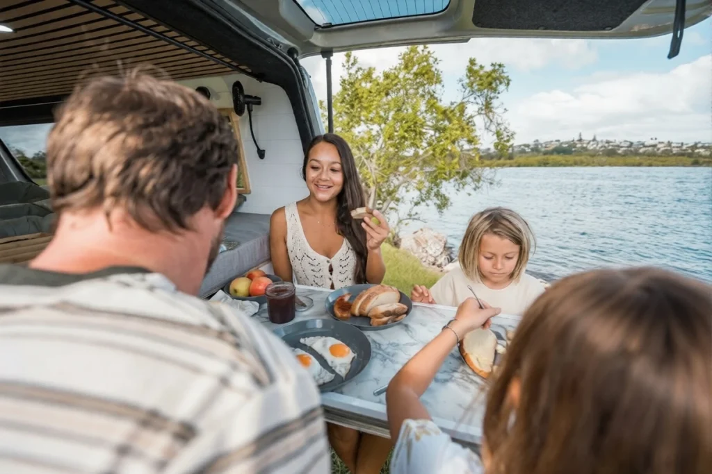 Lifestyle photo of multi-ethnic family enjoying breakfast inside their camper van. Asian mother and young daughter seated at fold-out table with lakeside view