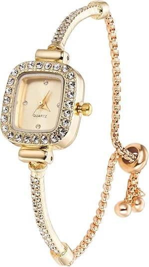 Halukakah Women's Sparkling Diamond Watch - 18k Real GoldPlatinumRose Gold Plated, Adjustable Size Bracelet, Multicolor Square Dial - Quartz Stainless Steel Wri